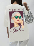 Women'WB shield Figure & Letter Print Drop Shoulder Tee, Fashion Casual Crew Neck T-Shirt for Daily Outdoor Wear, Ladies...
