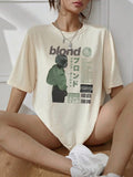 Women'WB shield Figure & Letter Print Drop Shoulder Tee, Fashion Casual Crew Neck T-shirt for Daily Holiday Vacation...