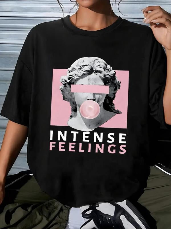 Women'WB shield Figure & Letter Print Drop Shoulder Tee, Summer TNF Women, Casual Half Sleeve Round Neck T-Shirt for...