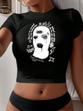 Women'WB shield Figure & Letter Print Round Neck Crop Tee, Fashion Casual Short Sleeve T-shirt for Daily Wear, Ladies TNF...