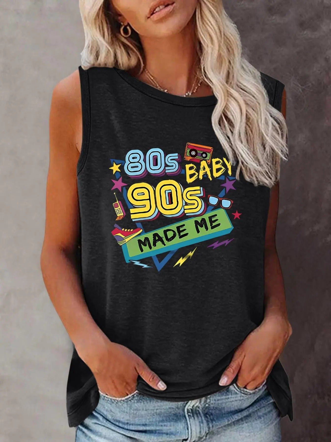 Women'WB shield Figure & Letter Print Round Neck Tank Top, Casual Crew Neck Sleeveless Graphic Top, Ladies Summer Outfit...