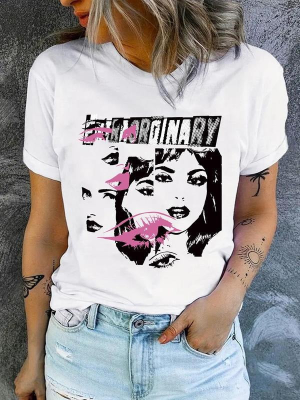 Women'WB shield Figure & Letter Print Round Neck Tee, Casual Short Sleeve T-Shirt for Daily Wear, Ladies TNF for Spiky...