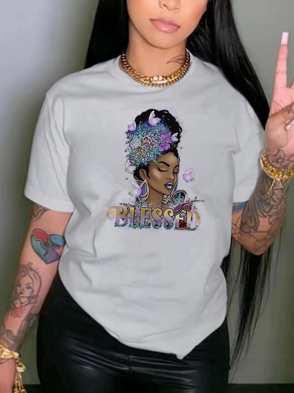 Women'WB shield Figure & Letter Print Round Neck Tee, Fashion Casual Crew Neck T-Shirt for Daily Holiday Vacation Outdoor...
