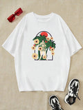 Women'WB shield Figure & Plants Print Drop Shoulder Tee, Summer TNF Women Casual Butterfly Print Round Neck Half Sleeve...