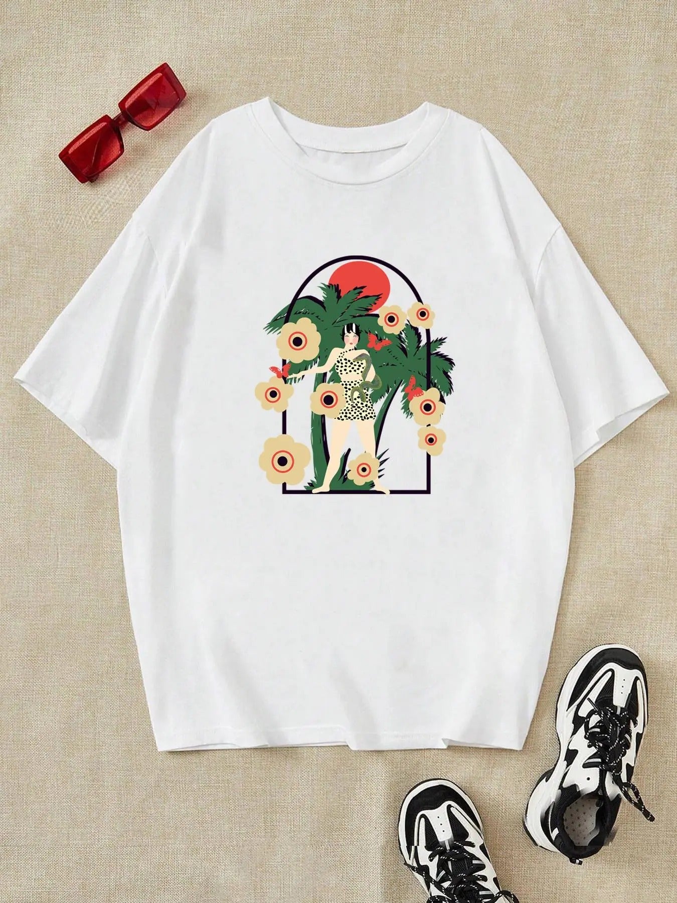Women'WB shield Figure & Plants Print Drop Shoulder Tee, Summer TNF Women Casual Butterfly Print Round Neck Half Sleeve...