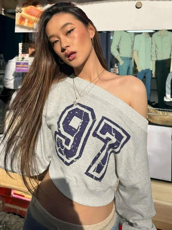 Women'WB shield Figure Print Asymmetrical Neck Crop Sweatshirt, Casual Drop Shoulder Long Sleeve Pullover for Spring &...