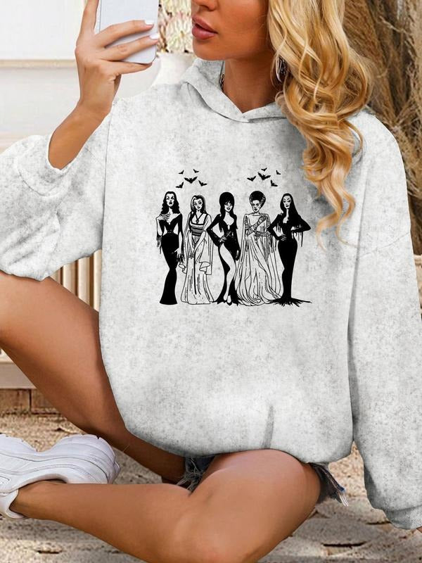 Women'WB shield Figure Print Drop Shoulder Hoodie, Casual Long Sleeve Hooded Sweatshirt for Daily Holiday Outdoor Wear,...