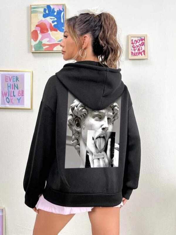 Women'WB shield Figure Print Drop Shoulder Hoodie, Fashion Casual Drawstring Pocket Hooded Sweatshirt for Daily Holiday...