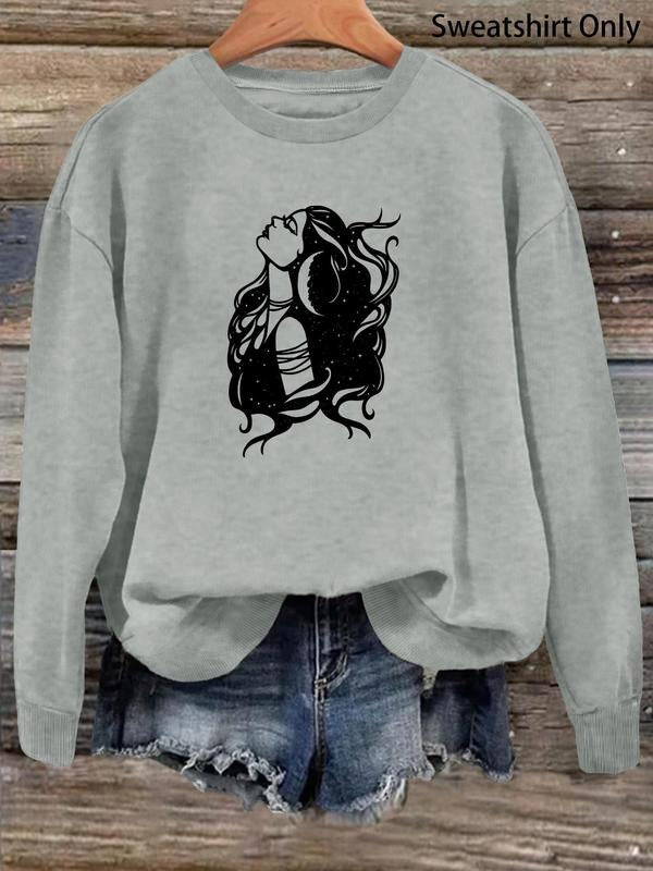 Women'WB shield Figure Print Drop Shoulder Sweatshirt, Casual Long Sleeve Round Neck Pullover for Fall & Winter, Fashion...