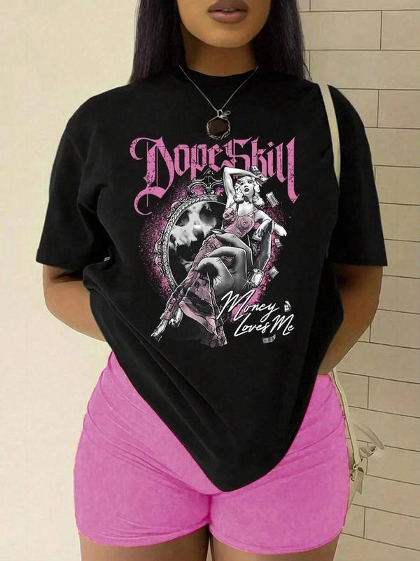 Women'WB shield Figure Print Drop Shoulder Tee, Casual Streetwear Half Sleeve Round Neck T-Shirt for Daily Wear, Ladies...