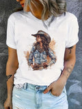 Women'WB shield Figure Print Round Neck Tee, Casual Short Sleeve T-shirt, Ladies Spiky hair fighters Seasons Outfit...