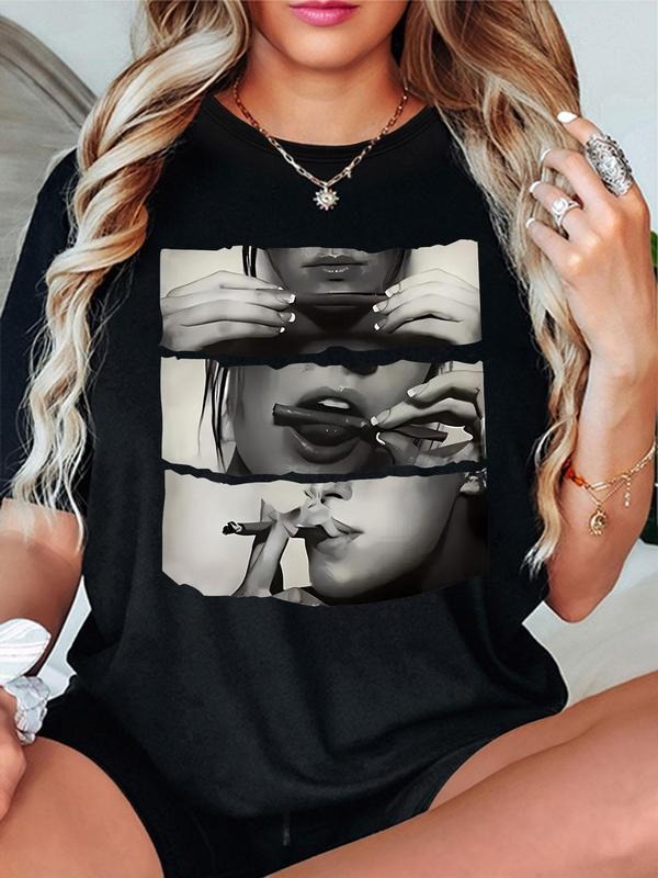 Women'WB shield Figure Print Round Neck Tee, Stylish Casual Crew Neck Short Sleeve T-Shirt for Daily Holiday Vacation...