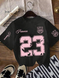 Women'WB shield Fire & Number Print Round Neck Tee, Fashion Casual Crew Neck T-Shirt for Daily Holiday Vacation Outdoor...