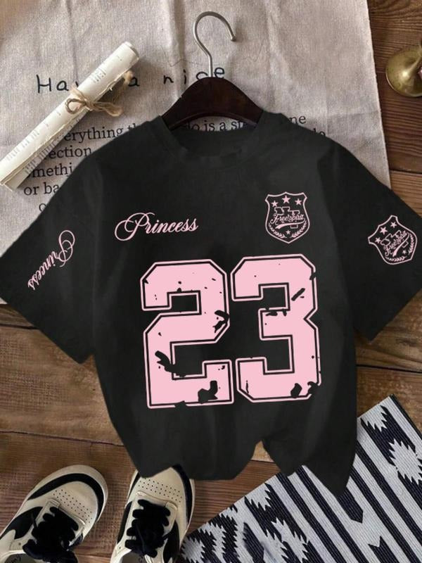 Women'WB shield Fire & Number Print Round Neck Tee, Fashion Casual Crew Neck T-Shirt for Daily Holiday Vacation Outdoor...
