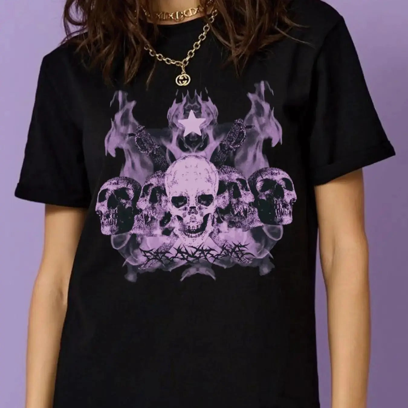 Women'WB shield Fire & Skull Print Round Neck Tee, Fashion Casual Crew Neck Short Sleeve T-Shirt for Daily Holiday...