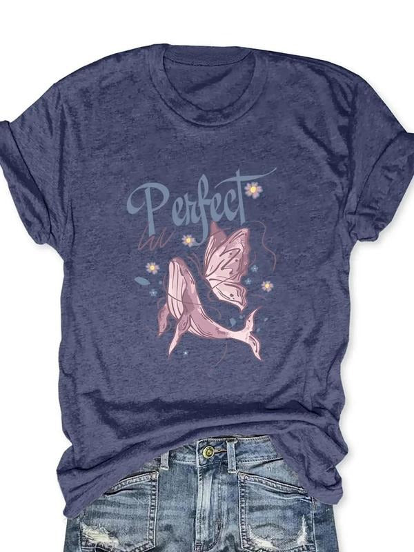 Women'WB shield Fish & Butterfly Print Round Neck Tee, Casual Letter Graphic Short Sleeve T-Shirt, Ladies TNF for Spiky...