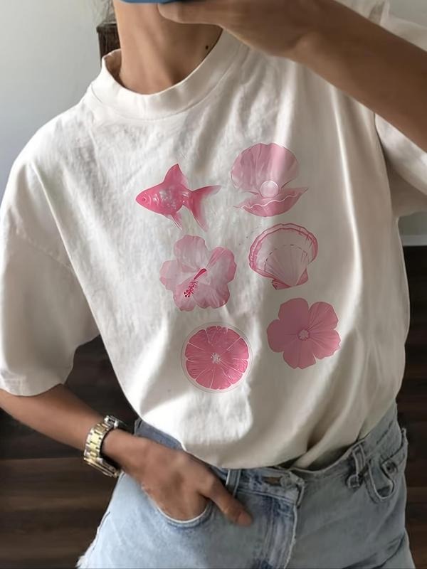 Women'WB shield Fish & Floral Print Round Neck Tee, Casual Short Sleeve Crew Neck T-Shirt for Summer, Fashion Women'WB...