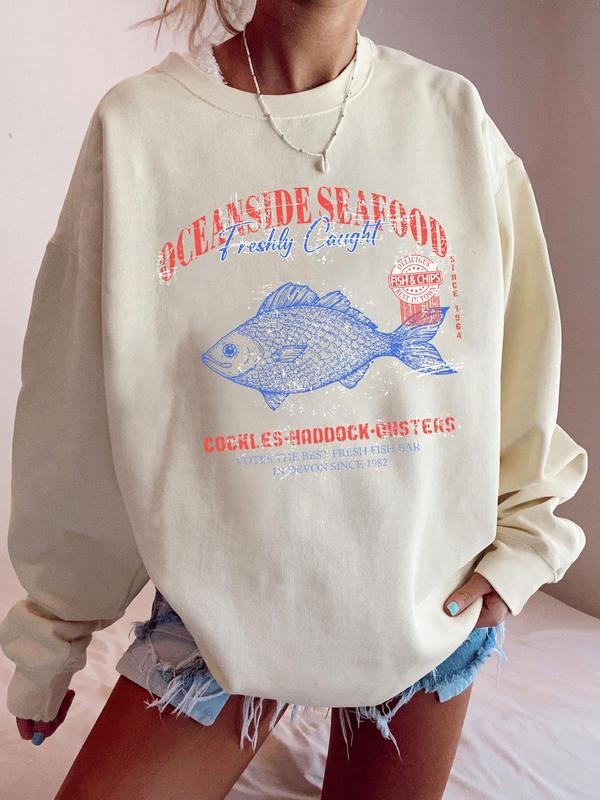 Women'WB shield Fish & Letter Print Drop Shoulder Sweatshirt, Casual Long Sleeve Round Neck Pullover for Fall & Winter,...