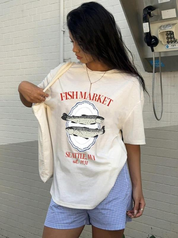 Women'WB shield Fish & Letter Print Round Neck Tee, Casual Slogan Graphic Crew Neck T-Shirt for Summer, Fashion Women'WB...