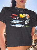 Women'WB shield Fish Print Round Neck Crop Tee, Casual Short Sleeve Graphic T-shirt, Ladies Summer TNF for Daily Wear...