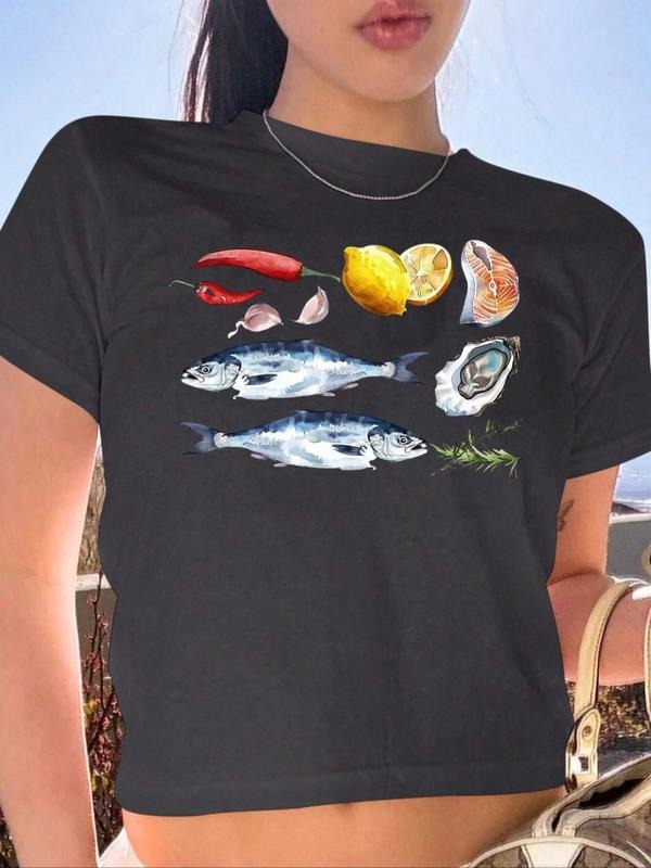 Women'WB shield Fish Print Round Neck Crop Tee, Casual Short Sleeve Graphic T-shirt, Ladies Summer TNF for Daily Wear...