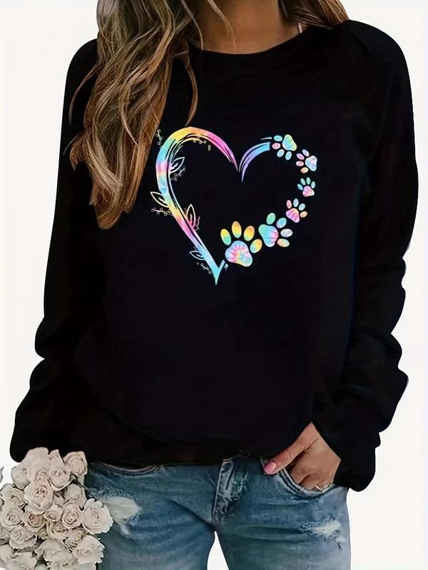 Women'WB shield Fitted Heart Print Drop Shoulder Crewneck Sweatshirt, Comfort Casual Paw Print Longsleeves Round Neck...