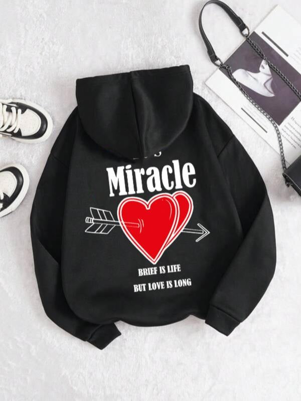 Women'WB shield Fitted Letter & Heart Print Drop Shoulder Hoodie, Fashion Casual Comfort Drawstring Pocket Long Sleeve...