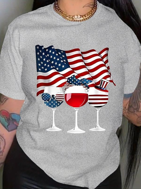 Women'WB shield Flag & Wine Glass Print Round Neck Tee, Fashion Casual Short Sleeve T-shirt for Daily Wear, Ladies Summer...