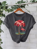 Women'WB shield Flamingo & Coconut Tree Print Round Neck Tee, Casual Short Sleeve Crew Neck T-Shirt for Summer, Fashion...