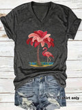 Women'WB shield Flamingo & Coconut Tree Print V-neck Tee, Casual Fashion Short Sleeve T-shirt for Summer, Ladies TNF for...