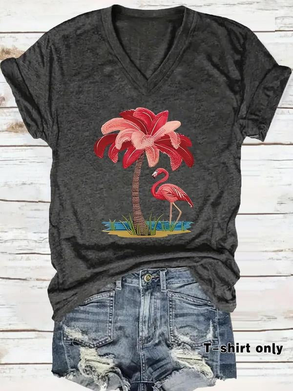 Women'WB shield Flamingo & Coconut Tree Print V-neck Tee, Casual Fashion Short Sleeve T-shirt for Summer, Ladies TNF for...