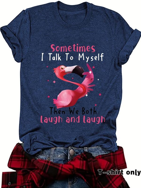 Women'WB shield Flamingo Print Round Neck Tee, Fashion Casual Crew Neck T-Shirt for Daily Holiday Vacation Outdoor Wear,...