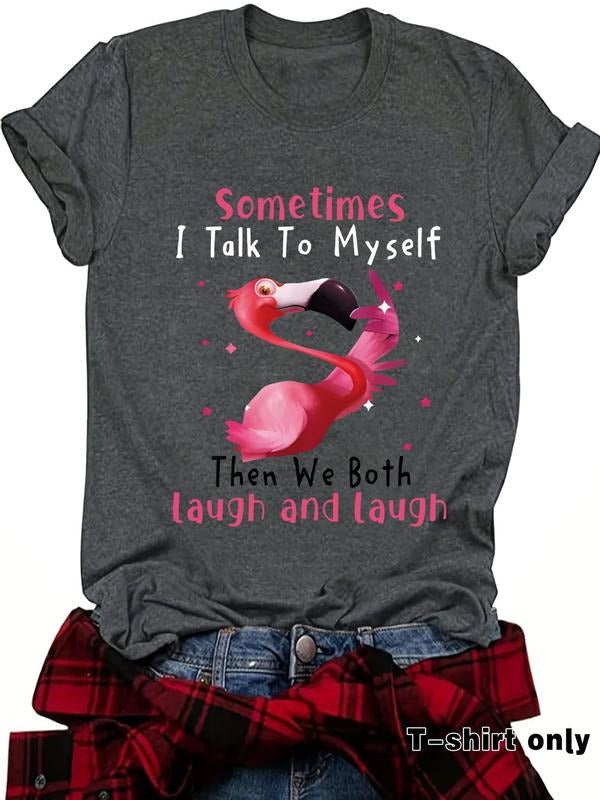Women'WB shield Flamingo Print Round Neck Tee, Fashion Casual Crew Neck T-Shirt for Daily Holiday Vacation Outdoor Wear,...