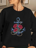 Women'WB shield Floral & Anchor Print Drop Shoulder Sweatshirt, Casual Long Sleeve Round Neck Pullover for Fall & Winter,...