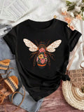 Women'WB shield Floral & Bee Print Round Neck Tee, Casual Short Sleeve Crew Neck T-Shirt for Summer, Fashion Women'WB...