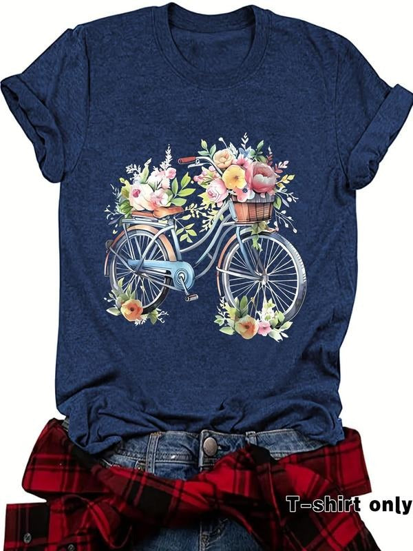 Women'WB shield Floral & Bicycle Print Round Neck Tee, Casual Short Sleeve Crew Neck T-Shirt for Summer, Fashion Women'WB...