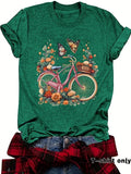 Women'WB shield Floral & Bicycle Print Round Neck Tee, Casual Short Sleeve Crew Neck T-Shirt for Summer, Fashion Women'WB...