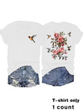 Women'WB shield Floral & Bird Print Round Neck Tee, Casual Short Sleeve Crew Neck T-shirt for Summer, Fashion Women'WB...