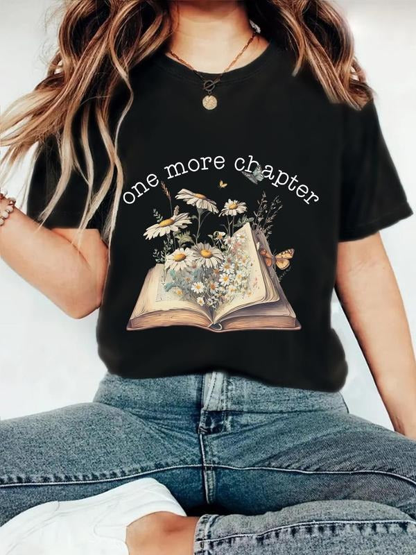 Women'WB shield Floral & Book Print Round Neck Graphic Tee, Vintage Trendy Casual Book Graphic Short Sleeve T-shirt for...