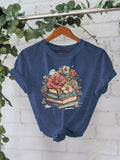 Women'WB shield Floral & Book Print Round Neck Tee, Casual Short Sleeve Crew Neck T-Shirt for Summer, Fashion Women'WB...