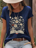 Women'WB shield Floral & Book Print Round Neck Tee, Casual Short Sleeve Crew Neck T-shirt for Summer, Fashion Women'WB...