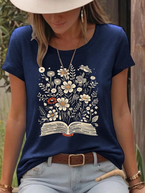 Women'WB shield Floral & Book Print Round Neck Tee, Casual Short Sleeve Crew Neck T-shirt for Summer, Fashion Women'WB...