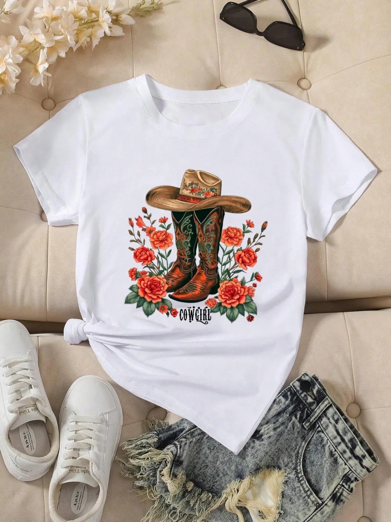 Women'WB shield Floral & Boot Print Round Neck Graphic Tee, Vintage Trendy Casual Short Sleeve T-shirt For Daily Wear,...