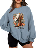 Women'WB shield Floral & Boots Print Drop Shoulder Sweatshirt, Casual Long Sleeve Round Neck Pullover for Daily Wear,...