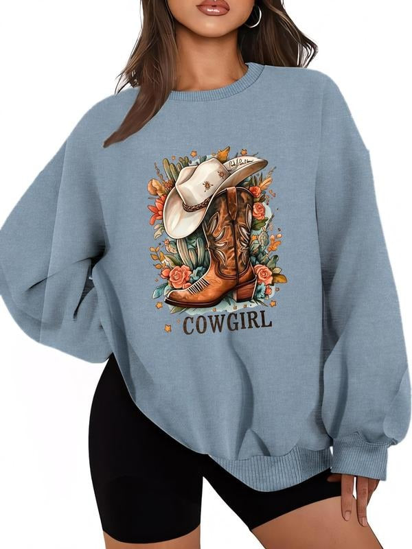 Women'WB shield Floral & Boots Print Drop Shoulder Sweatshirt, Casual Long Sleeve Round Neck Pullover for Daily Wear,...