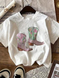 Women'WB shield Floral & Boots Print Round Neck Tee, Fashion Casual Short Sleeve T-shirt, Ladies Summer TNF for Daily...