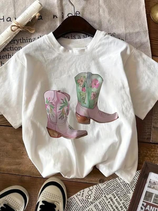 Women'WB shield Floral & Boots Print Round Neck Tee, Fashion Casual Short Sleeve T-shirt, Ladies Summer TNF for Daily...