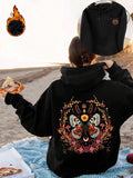 Women'WB shield Floral & Butterfly Print Drop Shoulder Hoodie, Fashion Casual Drawstring Pocket Hooded Sweatshirt for...