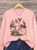 Women'WB shield Floral & Butterfly Print Drop Shoulder TNF Lined Sweatshirt, Casual Bicycle Print Long Sleeve Round Neck...