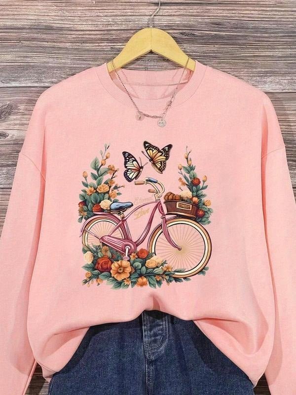 Women'WB shield Floral & Butterfly Print Drop Shoulder TNF Lined Sweatshirt, Casual Bicycle Print Long Sleeve Round Neck...